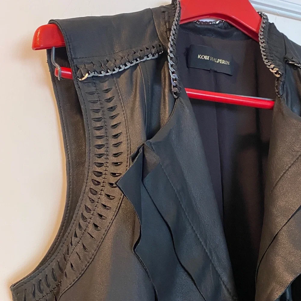 Kobi Halperin 💯Genuine Leather Black Silver Chain Full Zip Ruffled Vest - Picture 16 of 16